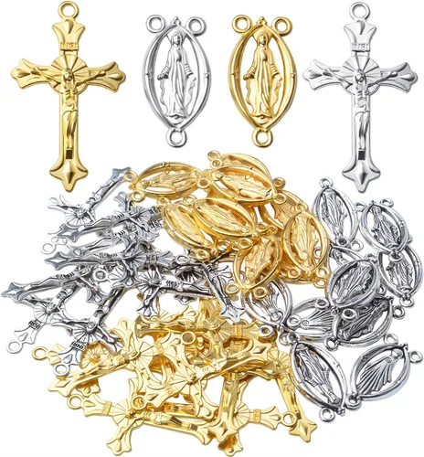 Miniatura 8 de 40 piezas de 4 estilos de cruz y centro de rosario de aleación tibetana María milagrosa medalla Jesús Crucifijo Crucifijo y eslabones ovalados