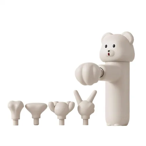 Miniatura 9 de Mini pistola de masaje con diseño de oso, 5 cabezales intercambiables, regulación de 4 velocidades, masajeador de percusión de tejido profundo