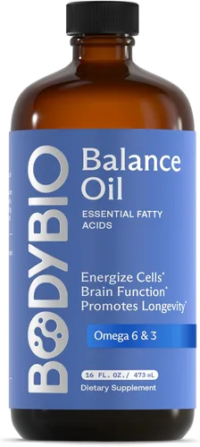 BodyBio Aceite de equilibrio - Suplemento vegano Omega 3 6 - Aceite de cártamo y linaza prensado en frío - Apoya la función cerebral, la piel