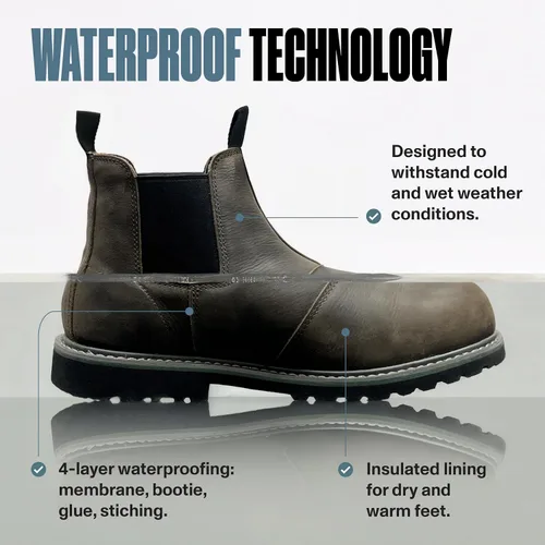 Miniatura 3 de EVER BOOTS Botas impermeables con punta de acero para hombre, con cierre de deslizamiento y de tira para hombre, color marrón oscuro
