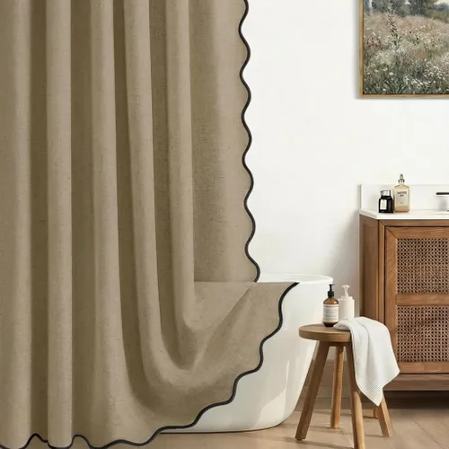 Miniatura 20 de Cortina de Ducha de Lino Beige Bonita Negra Festoneada Boho Moderna Cortinas de Ducha para Baño Juego, 48" W x 72" L