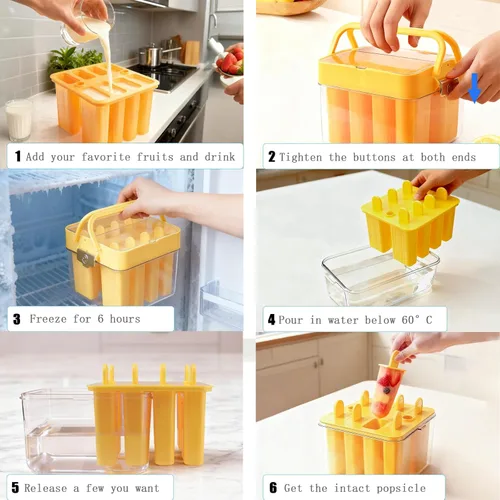 Miniatura 4 de Moldes para paletas con tapa y contenedor, 9 piezas, reutilizables, fáciles de liberar, moldes para paletas caseras, sin olor, sin bisfenol A 8