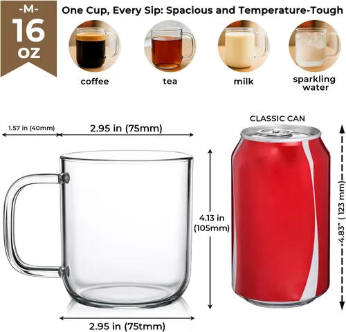 Miniatura 5 de Aquach Juego de 2 tazas de vidrio de 16 onzas, grandes tazas de vidrio transparente con asa para café caliente/frío, té, bebidas y vasos para beber