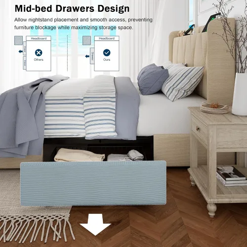 Miniatura 6 de GalnFu Base de cama de tamaño matrimonial con 4 cajones de almacenamiento, plataforma tapizada con estación de carga, moderna cabecera de Beige
