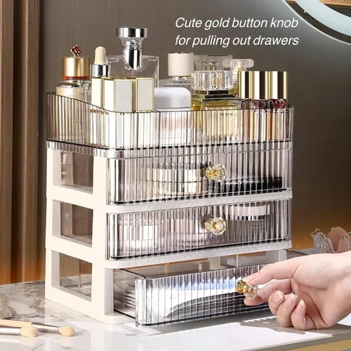 Miniatura 2 de Organizador de maquillaje transparente con 3 cajones, organizador de baño y almacenamiento, ideal para escritorio y tocador de cómoda, excelente