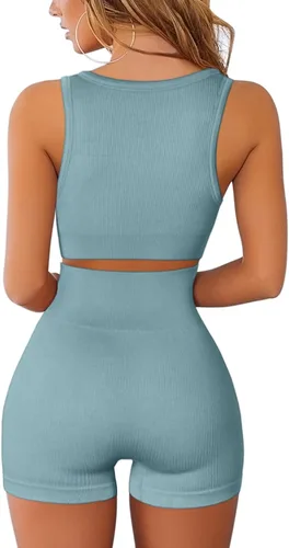 Miniatura 2 de QINSEN Conjuntos de entrenamiento sin costuras para mujer, brasier deportivo acanalado de cintura alta, pantalones cortos para correr, gimnasio