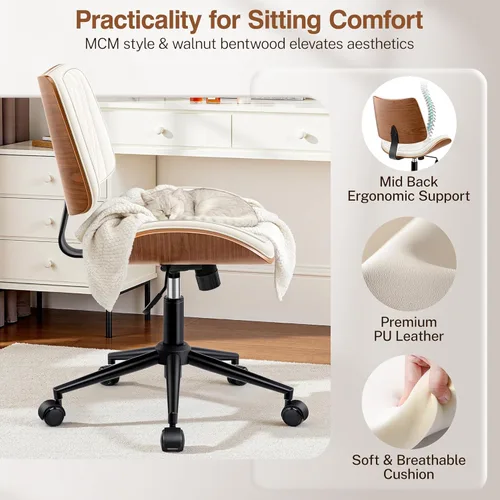 Miniatura 3 de Silla ergonómica de escritorio de oficina sin brazos, de piel sintética blanca moderna de mediados de siglo con costuras de diamante, silla Blanco