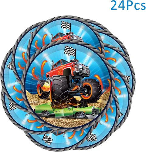 Miniatura 4 de OXYLIPO Paquete de 24 platos de papel de postre Monster Truck de 9 pulgadas, platos redondos desechables para automóvil, platos de fiesta, baby