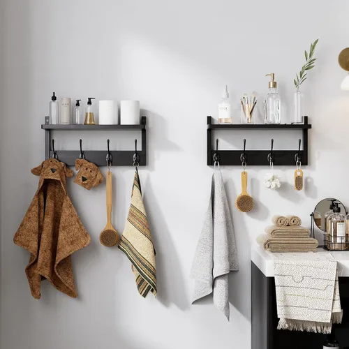 Miniatura 8 de STELLSTAR Perchero con estante, paquete de 2 perchas de bambú para montar en la pared con 8 ganchos para entrada, pasillo, cocina, baño, sala