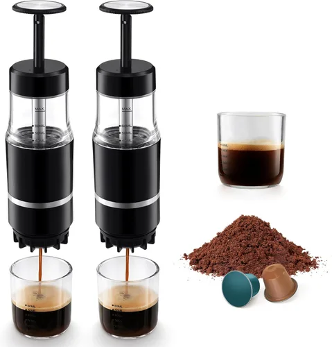 Miniatura 7 de Cafetera portátil para viajes y campamento, máquinas de café ligeras de viaje, operadas manualmente, compatible con café molido y cápsulas NS negro