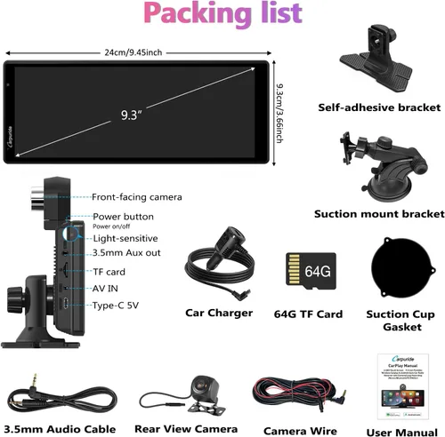 Miniatura 7 de CARPURIDE W903 Carplay portátil y Android Auto con cámara de salpicadero, pantalla HD IPS de 9.3 pulgadas, cámara frontal 4K y trasera 1080P
