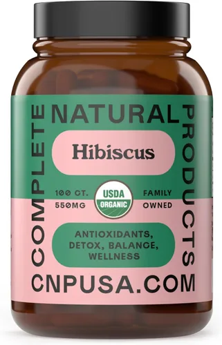 Complete Natural Products Cápsulas de hibisco orgánico, 550 mg, 100 unidades, a base de plantas, polvo de flores orgánicas para apoyo antioxidante y