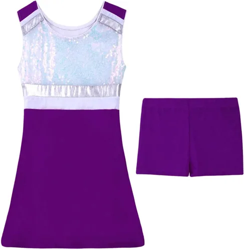 Miniatura 4 de Hansber Trajes de animadora para niños y niñas con pantalones cortos, sin mangas, lentejuelas, vestido deportivo, uniforme de animación, disfraz