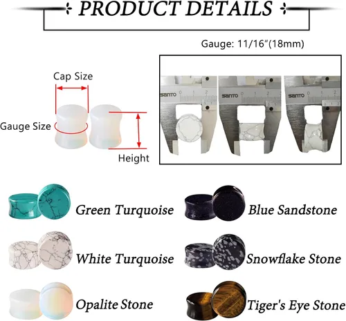 Miniatura 20 de Qmcandy - Juego de 6 pares / 16 pares de dilatadores para las orejas, de piedra mixta, expansores, conjunto de perforación corporal calibre 8G a 3/4