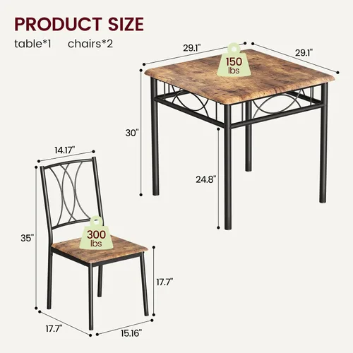 Miniatura 2 de Juego de mesa de comedor para 2, mesa de cocina con 2 sillas, juego de mesa de comedor de cocina de 3 piezas de madera para apartamento, espacio