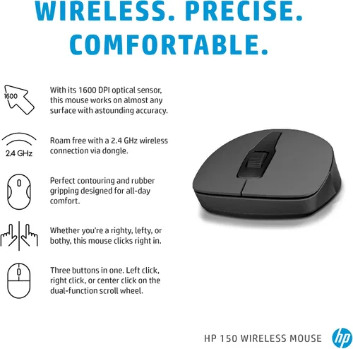 Miniatura 6 de HP Ratón inalámbrico 150, 3 botones con rueda de desplazamiento de control doble, sensor óptico de 1600 DPI con diseño ergonómico para comodidad