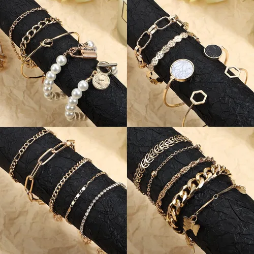 Miniatura 7 de YADOCA Juego de 27 pulseras de cadena apilables de oro para mujer chapado en oro de 14 quilates bohemio delicado apilable de múltiples capas