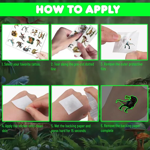 Miniatura 8 de 96 tatuajes temporales de dinosaurios divertidos precortados 3D que brillan en la oscuridad para niños Recuerdos de fiesta de cumpleaños temáticos
