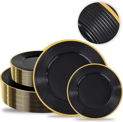 Liacere 100 platos de plástico negro, platos desechables resistentes, platos negros y dorados, incluye platos para cena/postre para bodas, fiestas