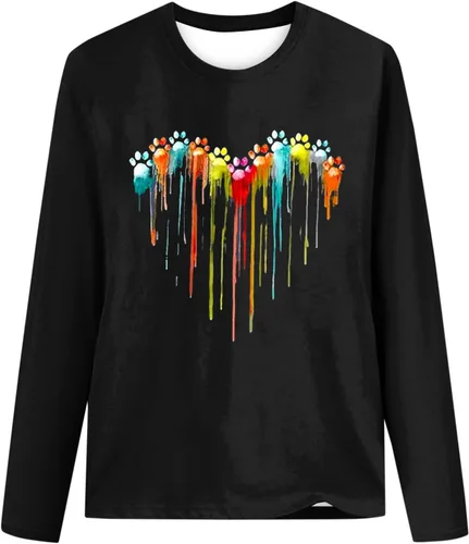 Miniatura 4 de Dog Paw Love Heart Print T-Shirt for Women Long Sleeve Cute Graphic Tees Tops Crewneck Shirts