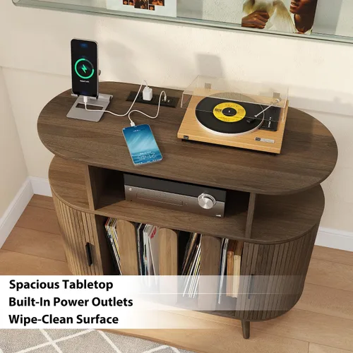 Miniatura 6 de Soporte grande para tocadiscos de 35.5 pulgadas con estación de carga, gabinete de almacenamiento de discos de vinilo, moderno soporte