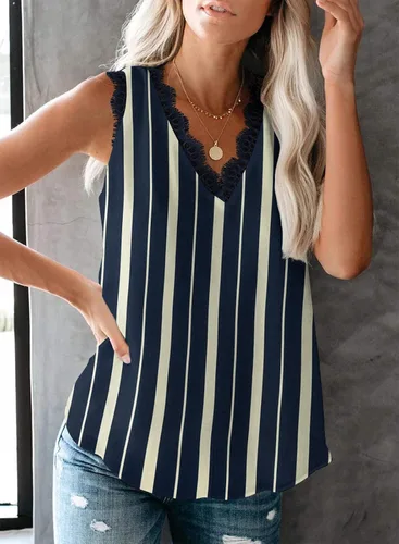 Miniatura 79 de VIISHOW - Camiseta sin mangas, sexy, con cuello en V y bordes de encaje para mujer, camisola de vestir, camisas de gasa, sin mangas, casuales