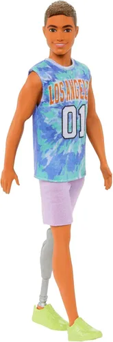 Miniatura 5 de Barbie Fashionistas Muñeco Ken #212 con pierna protésica usando jersey removible de Los Ángeles, pantalones cortos morados y zapatillas deportivas