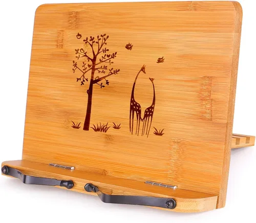 Miniatura 15 de MEGREZ Soporte de bambú para libros de 13.2 x 9.4 pulgadas, soporte plegable para libros de cocina con 6 alturas ajustables, soporte para libros