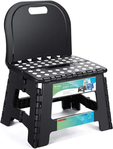 Miniatura 2 de ACSTEP Taburete plegable, incluye taburete extra ancho y resistente y soporte para la espalda, taburete plegable negro