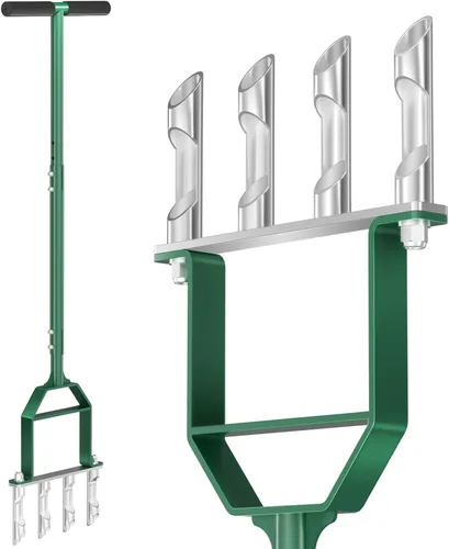 Suntee Herramienta aireadora de césped, herramienta de césped con núcleo manual con 4 dientes huecos de acero inoxidable, altura ajustable,