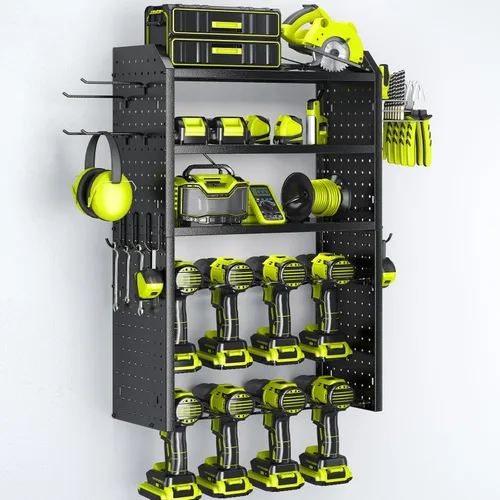 Miniatura 8 de KAFAHOM Organizador de herramientas eléctricas, soporte de pared grande para 8 taladros con 2 tableros de clavijas laterales, estante de Verde