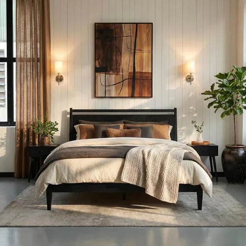 Miniatura 12 de NTC Adept Marco de cama de madera con cabecero, base de madera de roble macizo y caucho con listones silenciosos y soportes centrales de madera