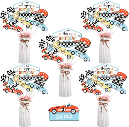 Decoraciones vintage de cumpleaños de coche de carreras, 24 piezas de mesa rápidas, centro de mesa retro para decoración de mesa, suministros de