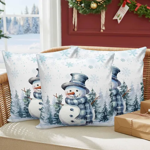 Miniatura 8 de Funda de almohada de invierno para exteriores, impermeables, paquete de 2 fundas de cojín con diseño de copos de nieve en acuarela de Navidad