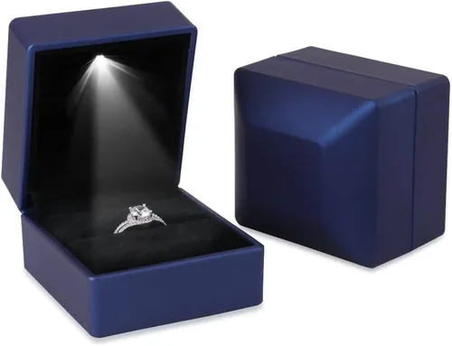 Miniatura 2 de iSuperb 2 cajas de anillos LED iluminadas, para propuestas, compromisos, bodas, regalos (paquete de 2 unidades, azul marino)