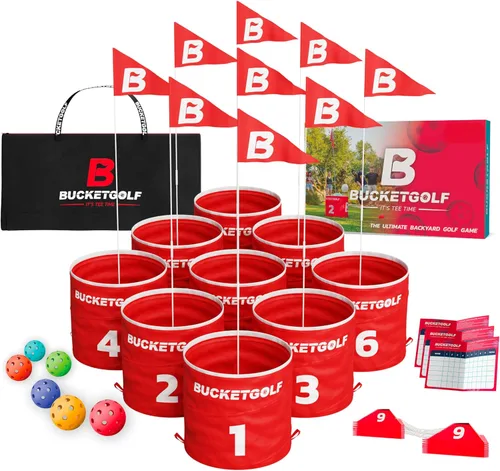 bucketgolf Juego Pro El Juego de Golf Original y Definitivo para Patio Trasero para Familia, Adultos y Niños - Juego de Golf de 9 Hoyos Portátil