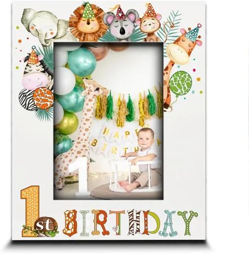 Miniatura 9 de BELLA BUSTA - Marco de fotos de primer cumpleaños, tema de cumpleaños de animales de safari, primer año del pequeño, marco de fotos con impresión UV