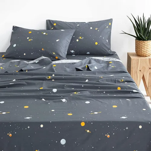 Miniatura 11 de Wake In Cloud - Sábanas espaciales para niños, 100% algodón, juego de sábanas de 4 piezas para niños, Galaxy Celestial, estrellas, cohetes
