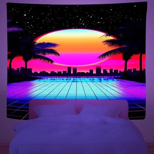 Miniatura 2 de Tapiz de sol de neón de luz negra, tapiz de silueta de palmera de ciudad que brilla en la oscuridad, tapiz para colgar en la pared, reactivo a