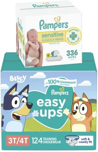 Pampers Easy Ups - Pantalones de entrenamiento Pull On Bluey para niños y niñas, 3T-4T, suministro de un mes (124 unidades) con toallitas para bebé