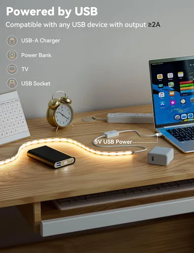 Miniatura 4 de MIWISE Tira de luces LED USB 5V, tira de luz LED COB súper brillante de 2700K blanco cálido con interruptor regulador táctil, cinta de luz regulable