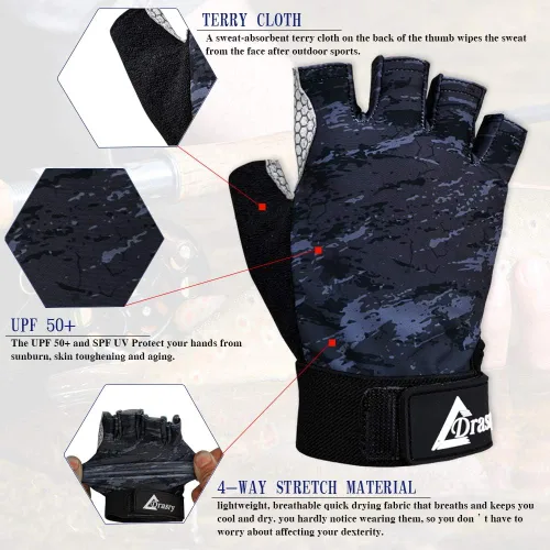 Miniatura 3 de Drasry Guantes de pesca UV sin dedos, protección solar para hombres y mujeres, UPF50+SPF para pesca, kayak, remo, senderismo, navegación, remo