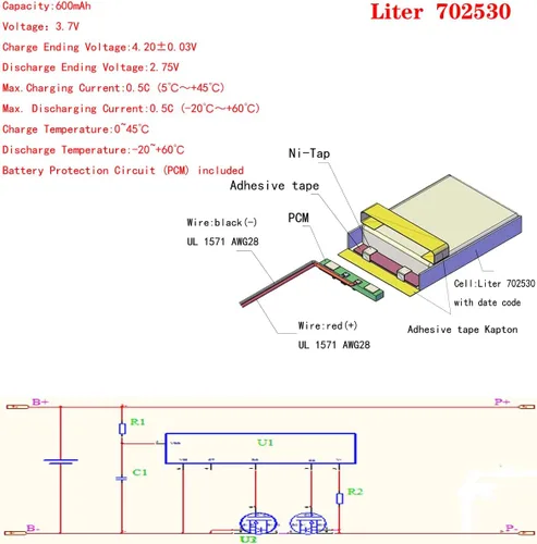 Miniatura 2 de Liter energy battery batería recargable 702530 del polímero de iones de litio de la batería 600mAh de 3.7V Lipo con dos líneas