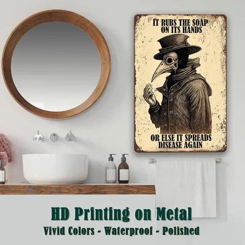 Miniatura 4 de Letreros góticos retro para decoración de baño, divertidos letreros de baño de plaga, letreros de metal de 8 x 12 pulgadas.
