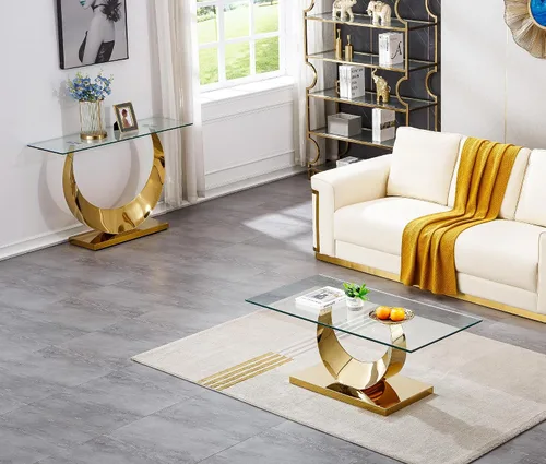 Miniatura 7 de Mesa de centro de cristal de lujo, mesa de centro de sofá de 47 pulgadas con marco de acero inoxidable dorado y parte superior de vidrio negro, mesa