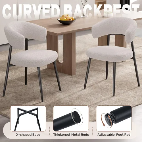 Miniatura 4 de Juego de 2 sillas de comedor, sillas de cocina modernas de mediados de siglo, silla de comedor tapizada Boucle con respaldo curvado y patas de metal