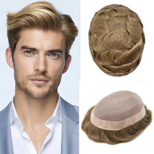 Miniatura 18 de Tupé para hombre, pieza de cabello humano real, monofilamento, tupé para hombres, postizos, unidades de sistema de reemplazo de cabello, gris