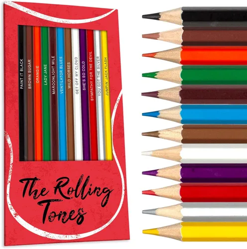 Lápices de colores inspirados en los tonos rodantes, 12 juegos de lápices de colorear con referencias de grupo de música con estampado de lámina