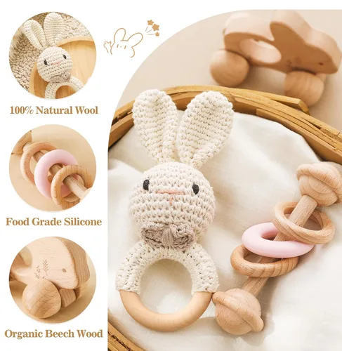 Miniatura 2 de let's make Sonajero de madera para bebé, 3 piezas, juego de sonajero de ganchillo, juguete Montessori de madera para recién nacidos, regalos de bebé