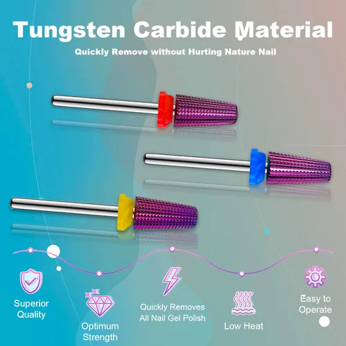 Miniatura 2 de 3 piezas de brocas de carburo 5 en 1 para uñas - Rotación bidireccional para zurdos y diestros - XF, F, M 3/32 pulgadas - Brocas para taladro
